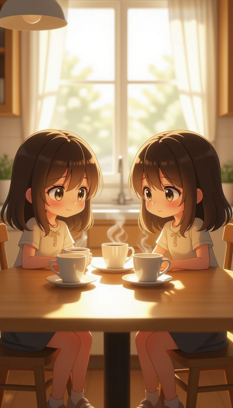 Chibi Girls Enjoying Coffee in Sunny Kitchen