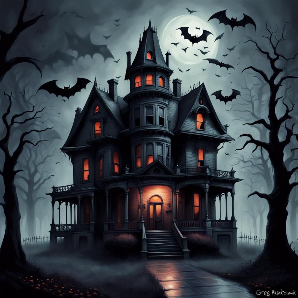 Eerie House with Ghostly Bats in Sinister Style