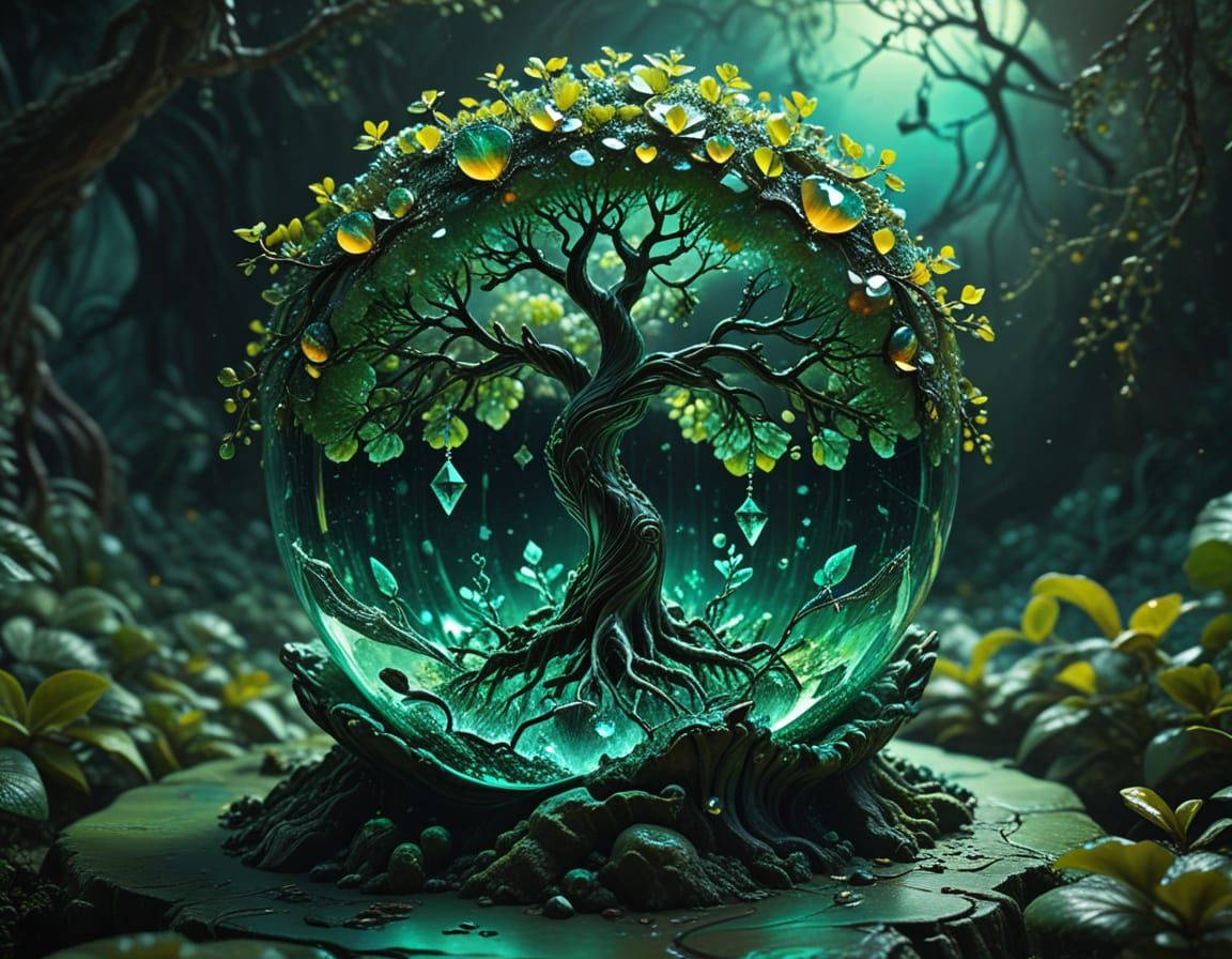 A surrealist depiction of a cracked apple, revealing an inner living forest. The outer shell of the apple is made of eme...