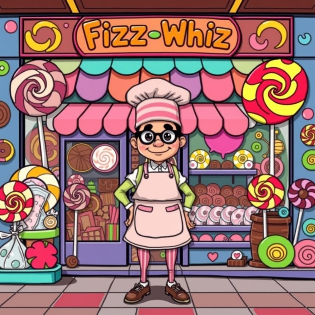 Whimsical Shopkeeper at the Fizz-Whiz Choc Shop