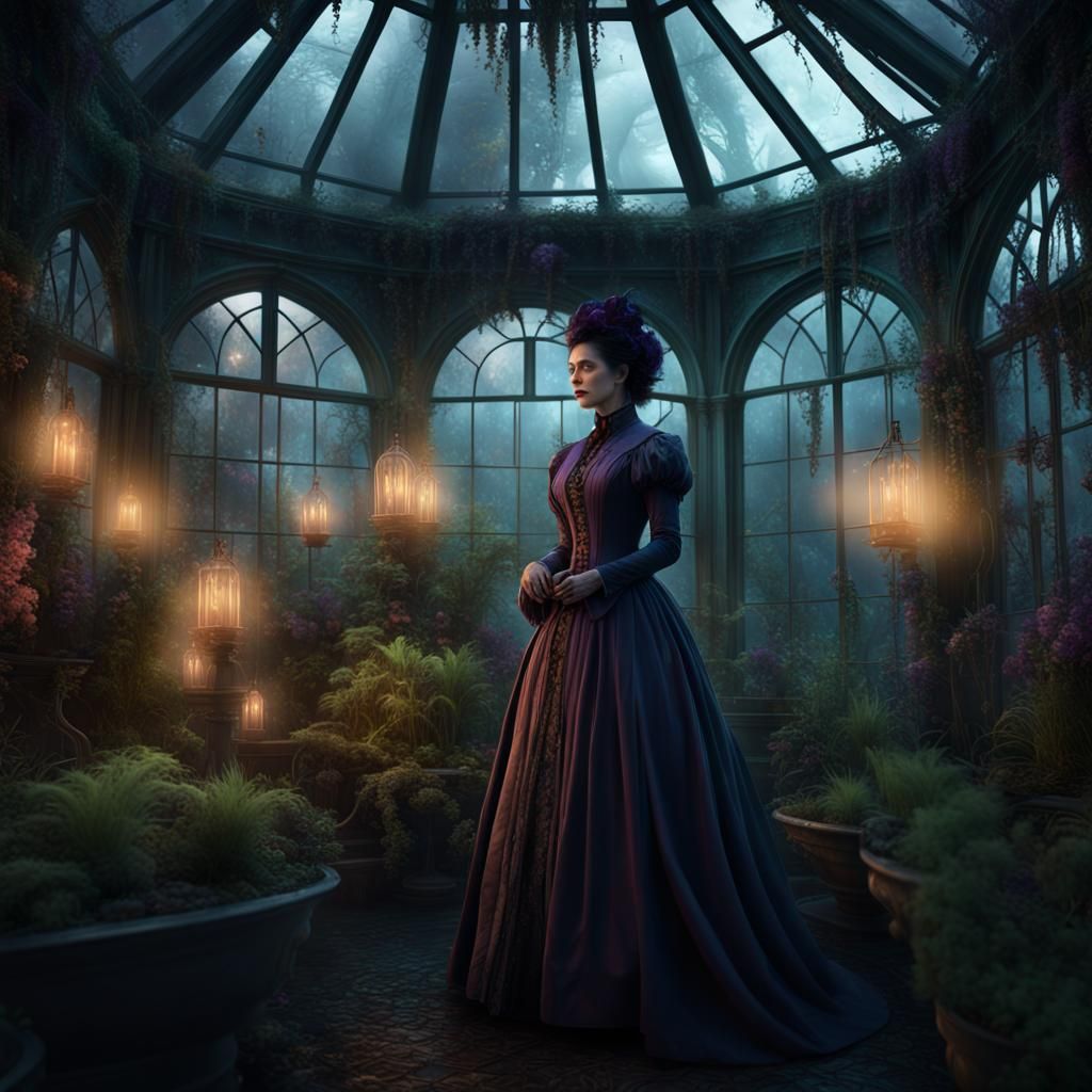 Woman in Victorian clothing in a spooky mystical greenhouse with magical softly glowing plants, it's dark and raining ou...