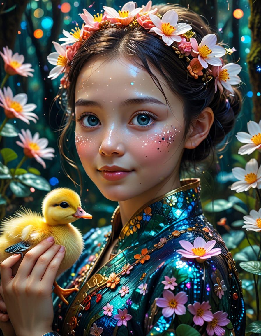 Samurai Fairy Duckling in Rainforest: Klimt-Inspired Art