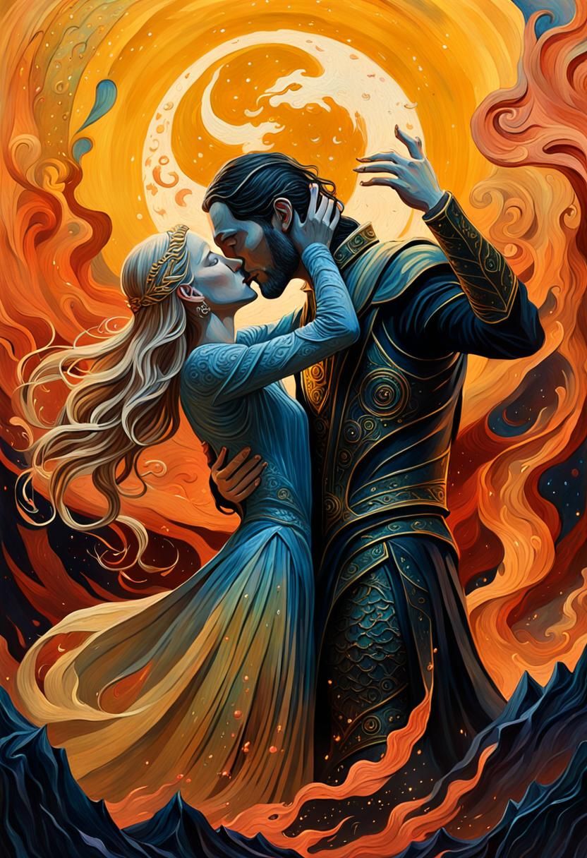 Galadriel and Sauron's Kiss as Impressionist Gouache