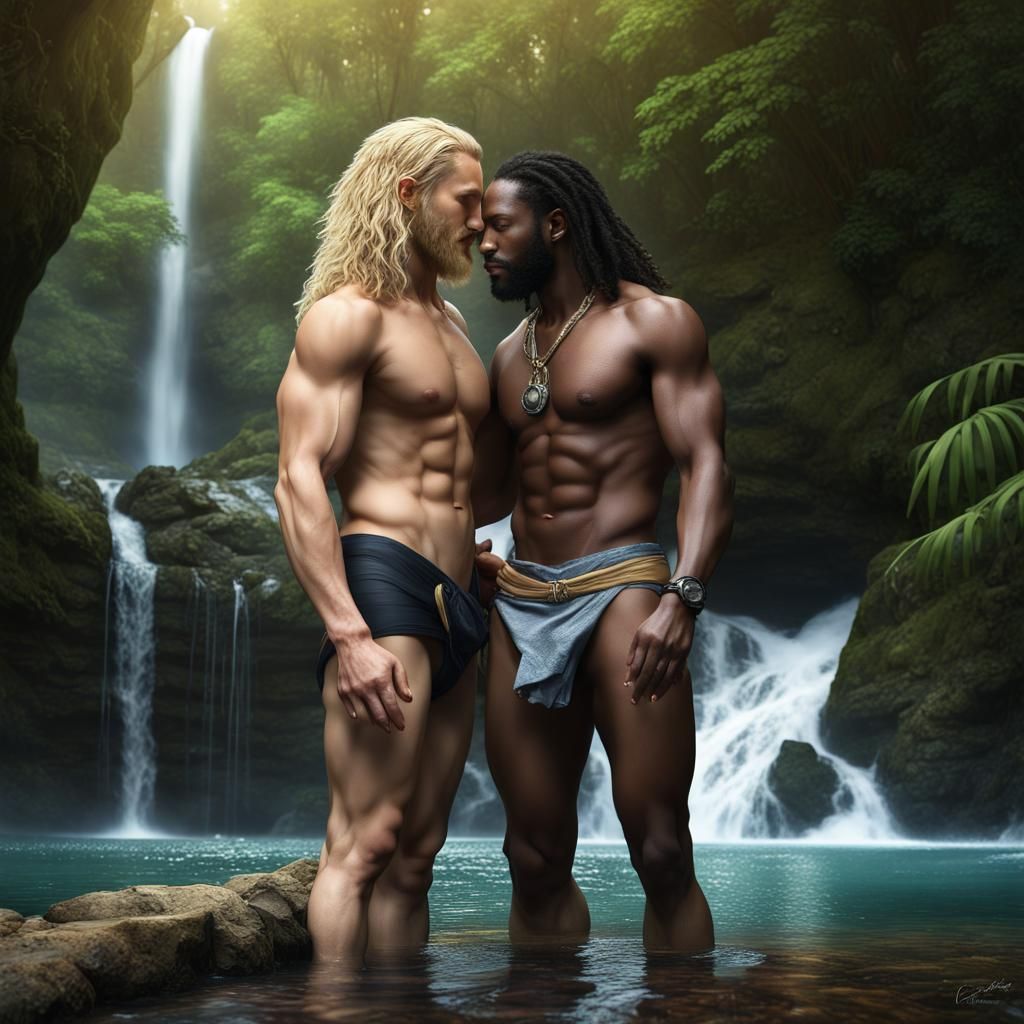 Gay Couple Kissing at Jungle Waterfall