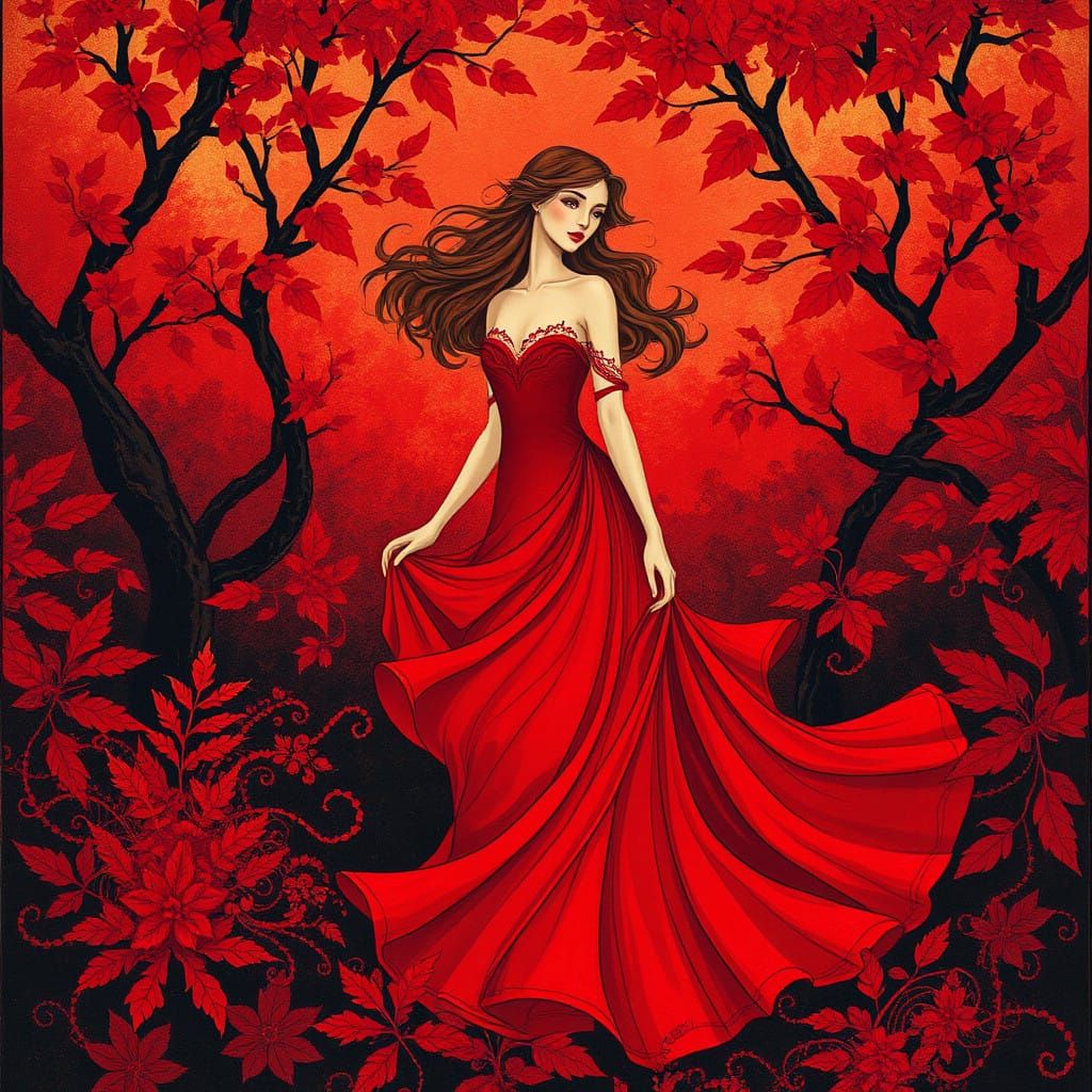 Woman in Crimson Gown Amidst Ruby Red Landscape