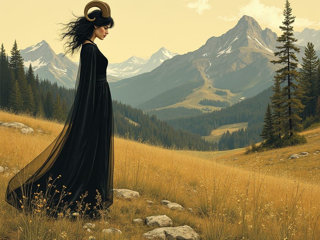 Dark Priestess in a Vibrant Alpine Landscape