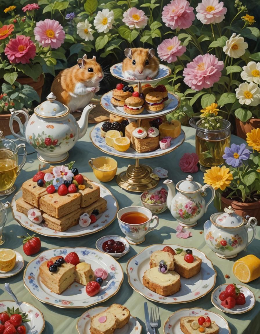 Hamster's Delightful Tea Party in English Garden