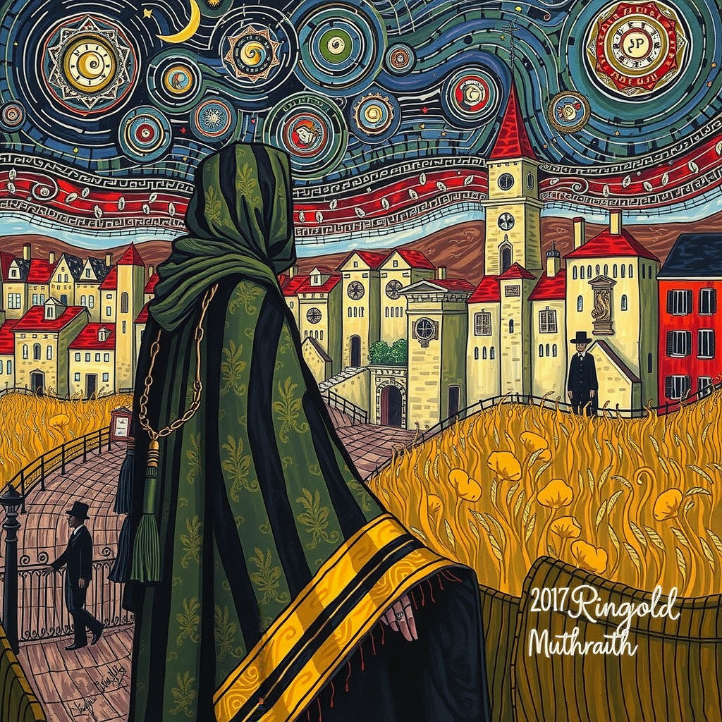 Lonely Wanderer in Brocade Cloak: Impressionistic Cityscape