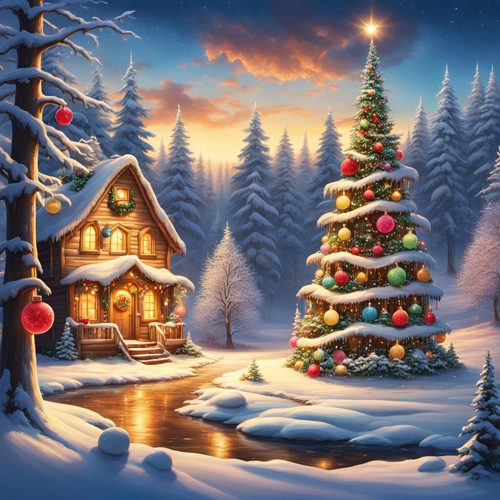 Surreal Christmas Scene in a Warm Snow-Covered Forest