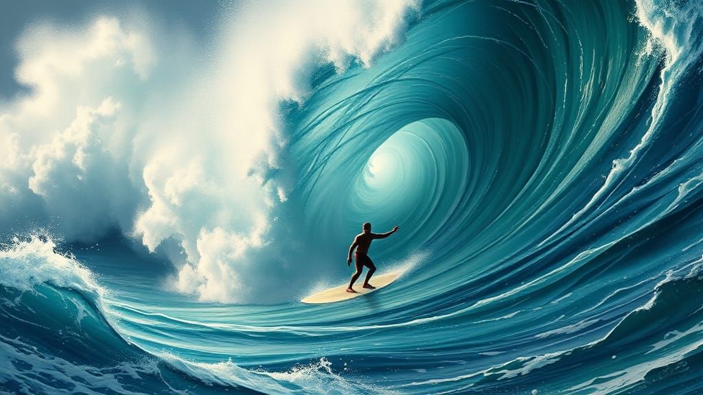 Surfer Riding Maelstrom Wave in Dynamic Digital Art