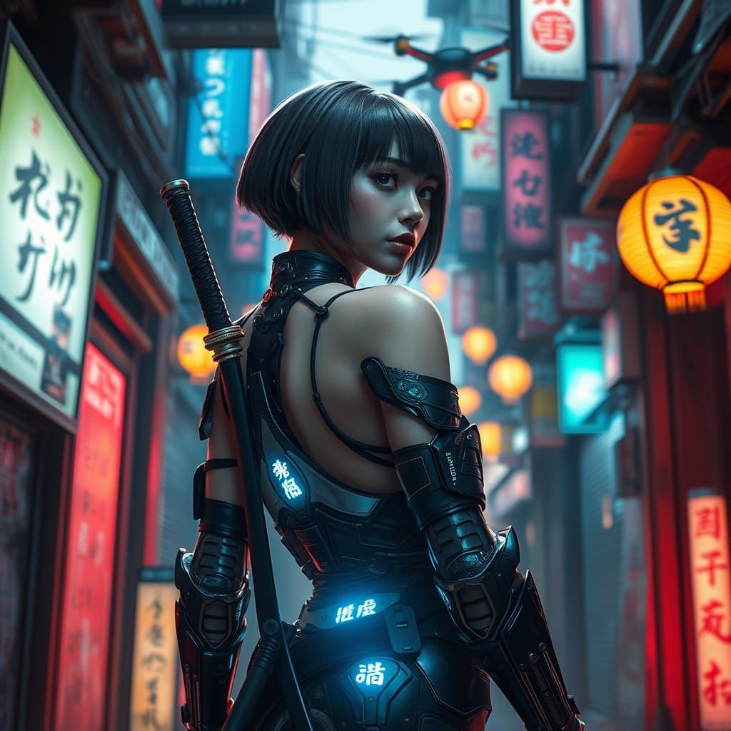 Sleek Ronin Warrior in Neo-Tokyo Alleyway