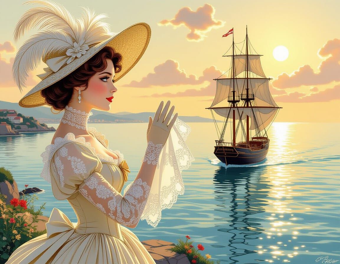 Victorian Lady Bids Farewell to Departing Ship in Comic Styl...