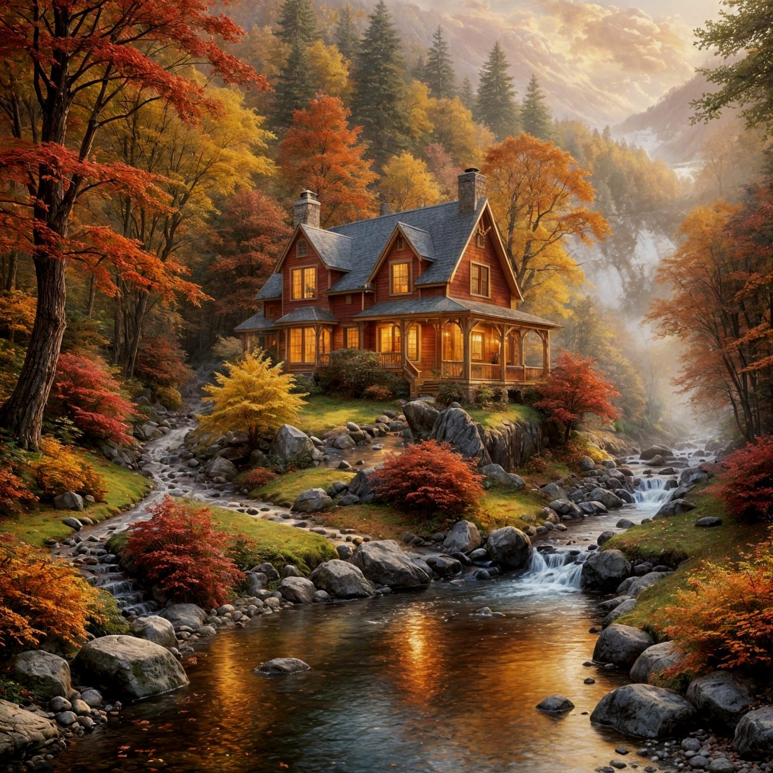 Red House in Autumn Forest: Ethereal Fantasy