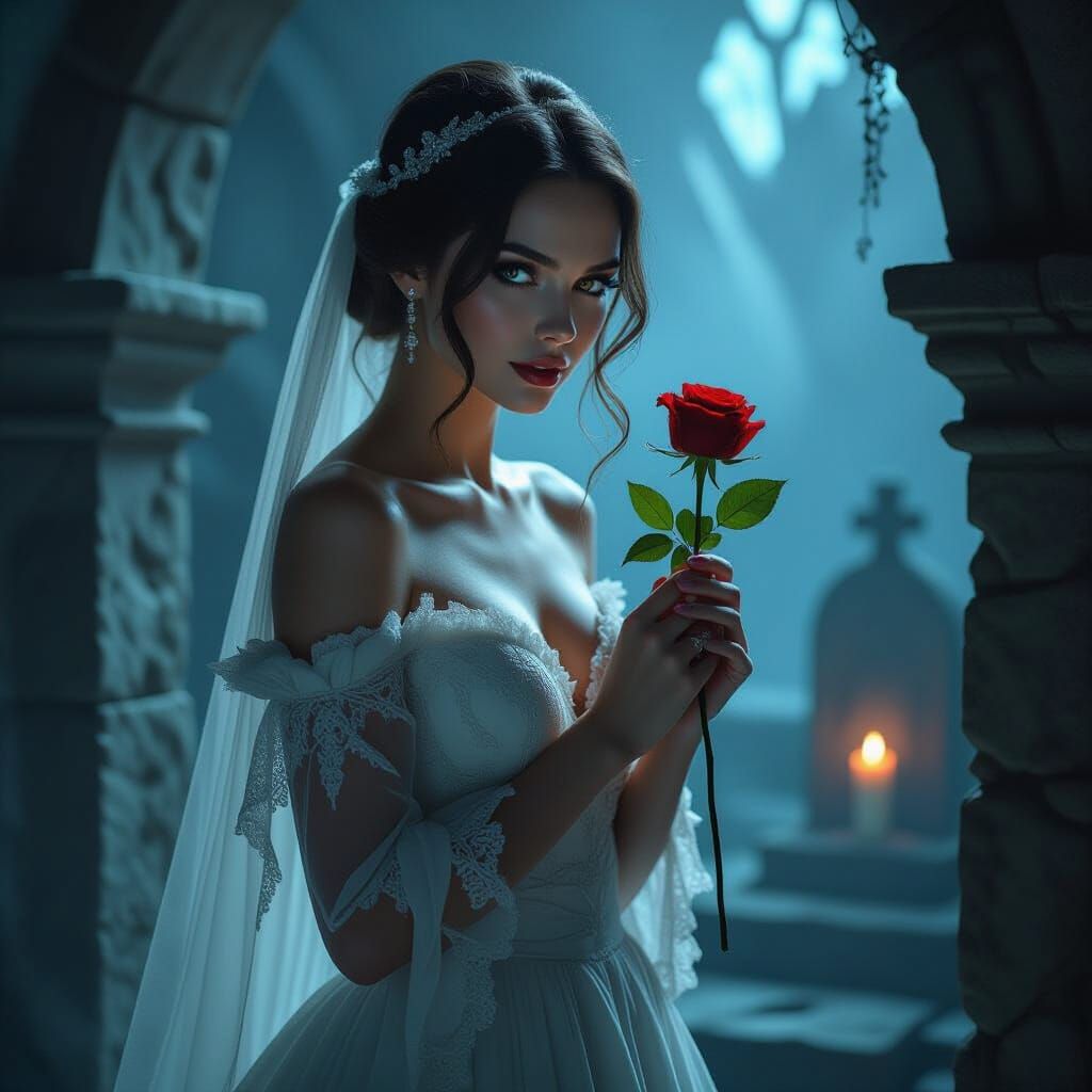 Ghostly Bride in Gothic Crypt with Red Rose