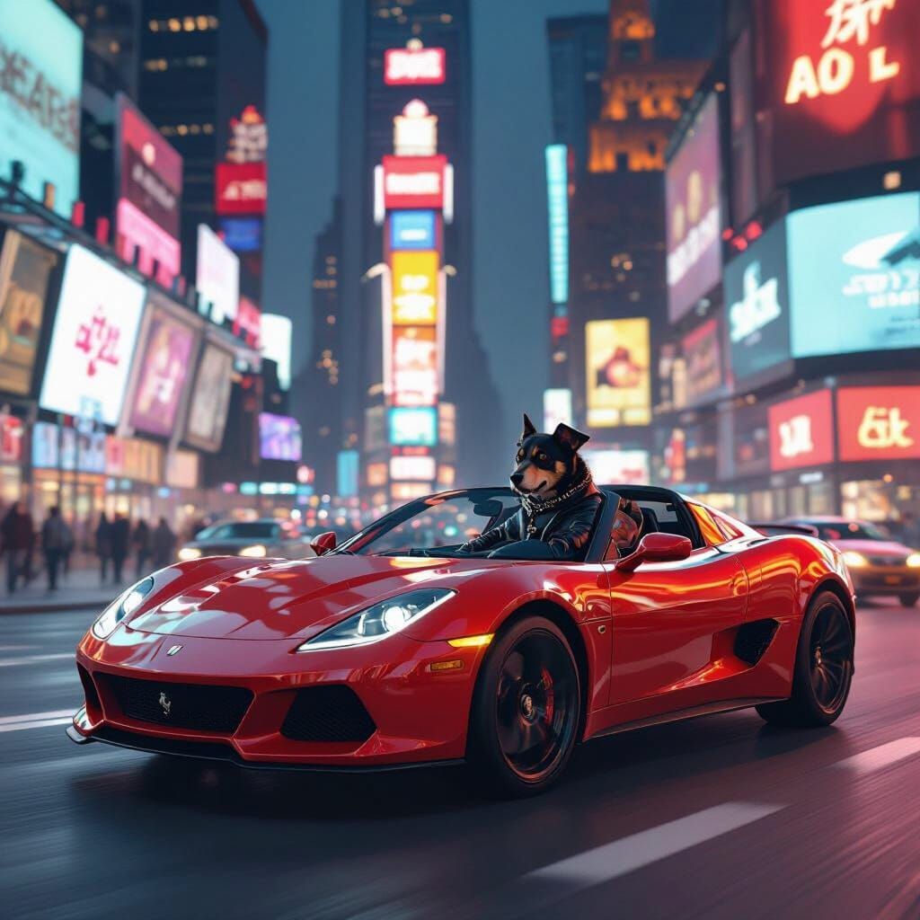 Dog Drives Sports Car Through Times Square