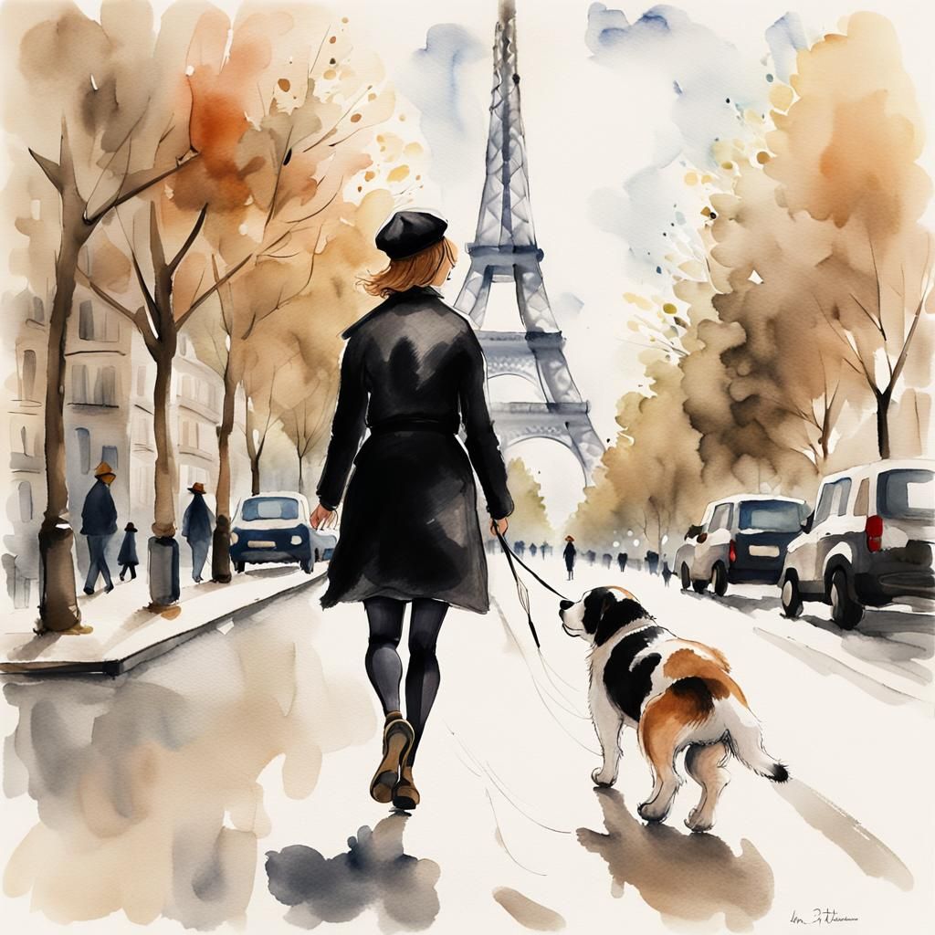 Parisian Woman Walking Dog in Impressionist Watercolor