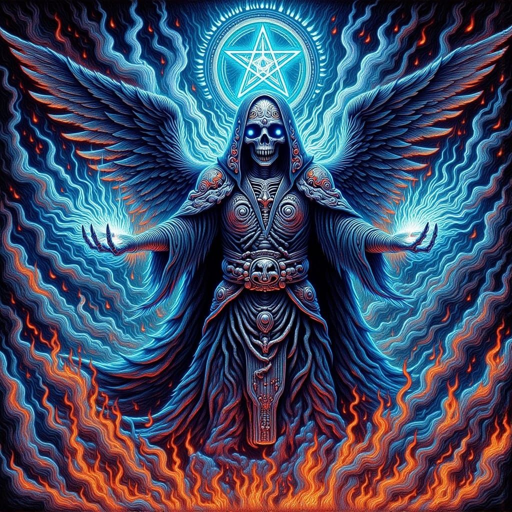 A spectral figure with wings radiates energy, surrounded by ...