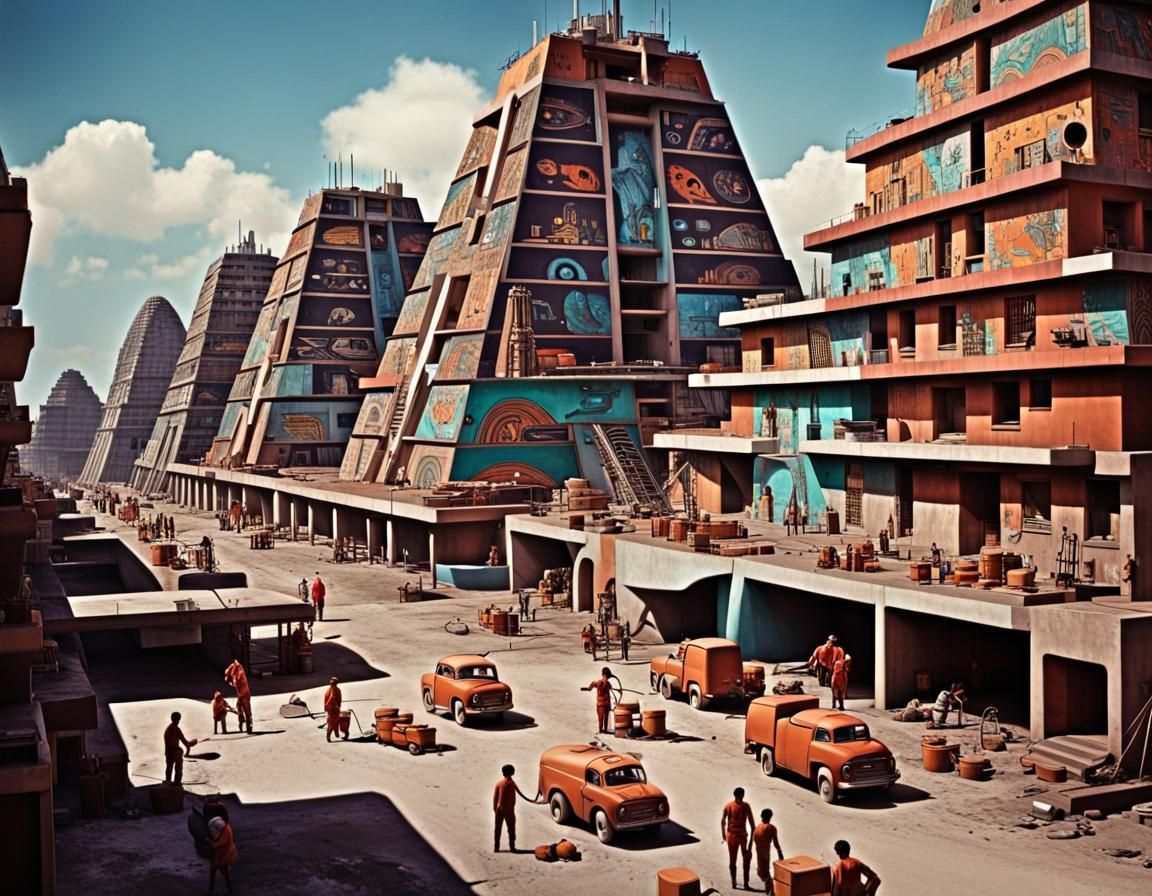 city in Mexico, Aztec themed, workers building, painting and...