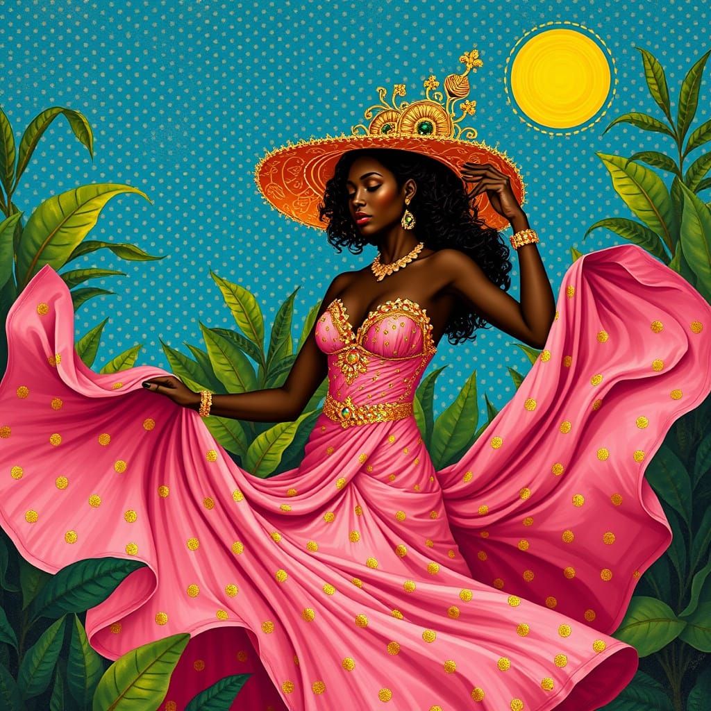 Elegant Woman in Gold Ombre Dress Amidst Polka Dots