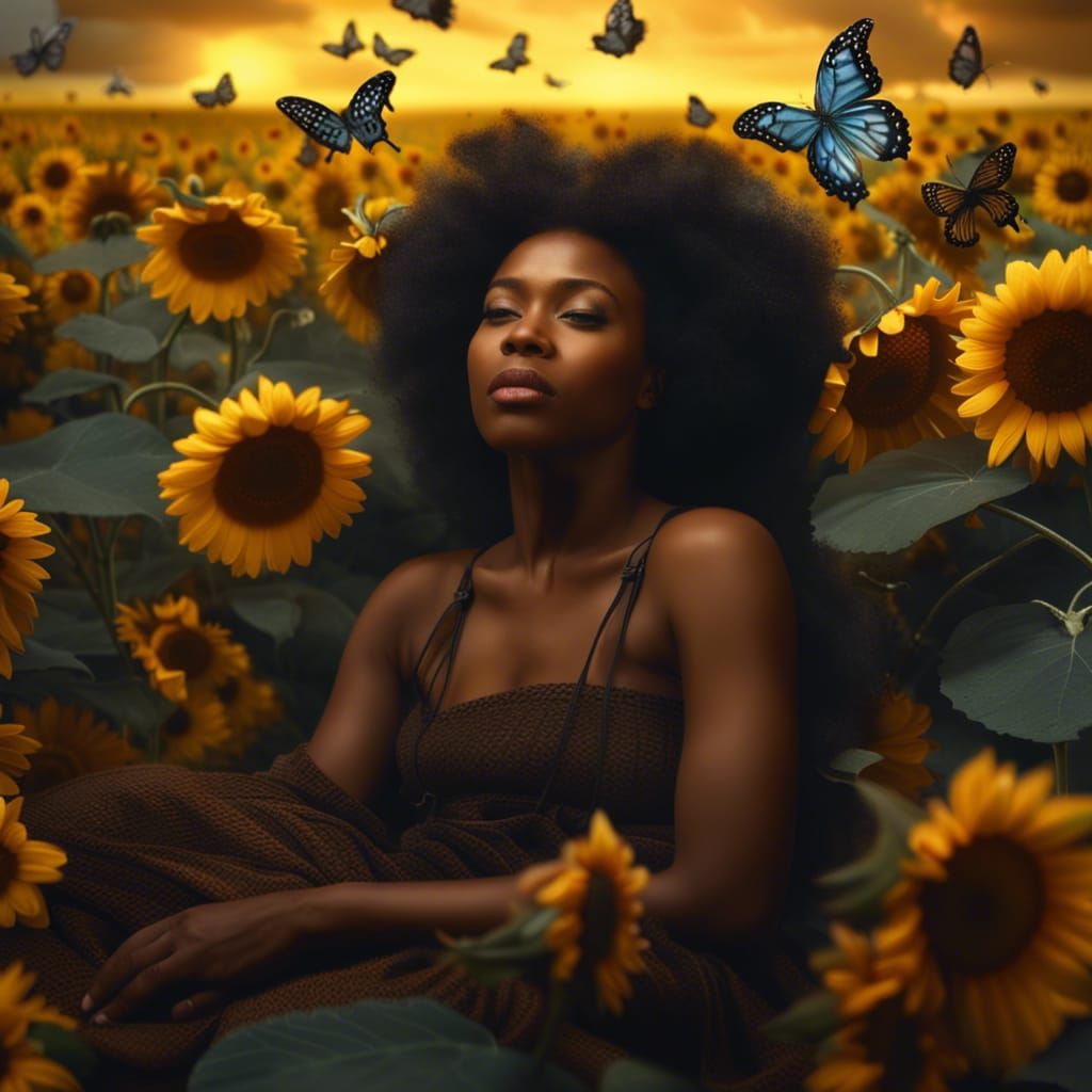 Black woman laying in field of sunflowers, butterflies, clou...