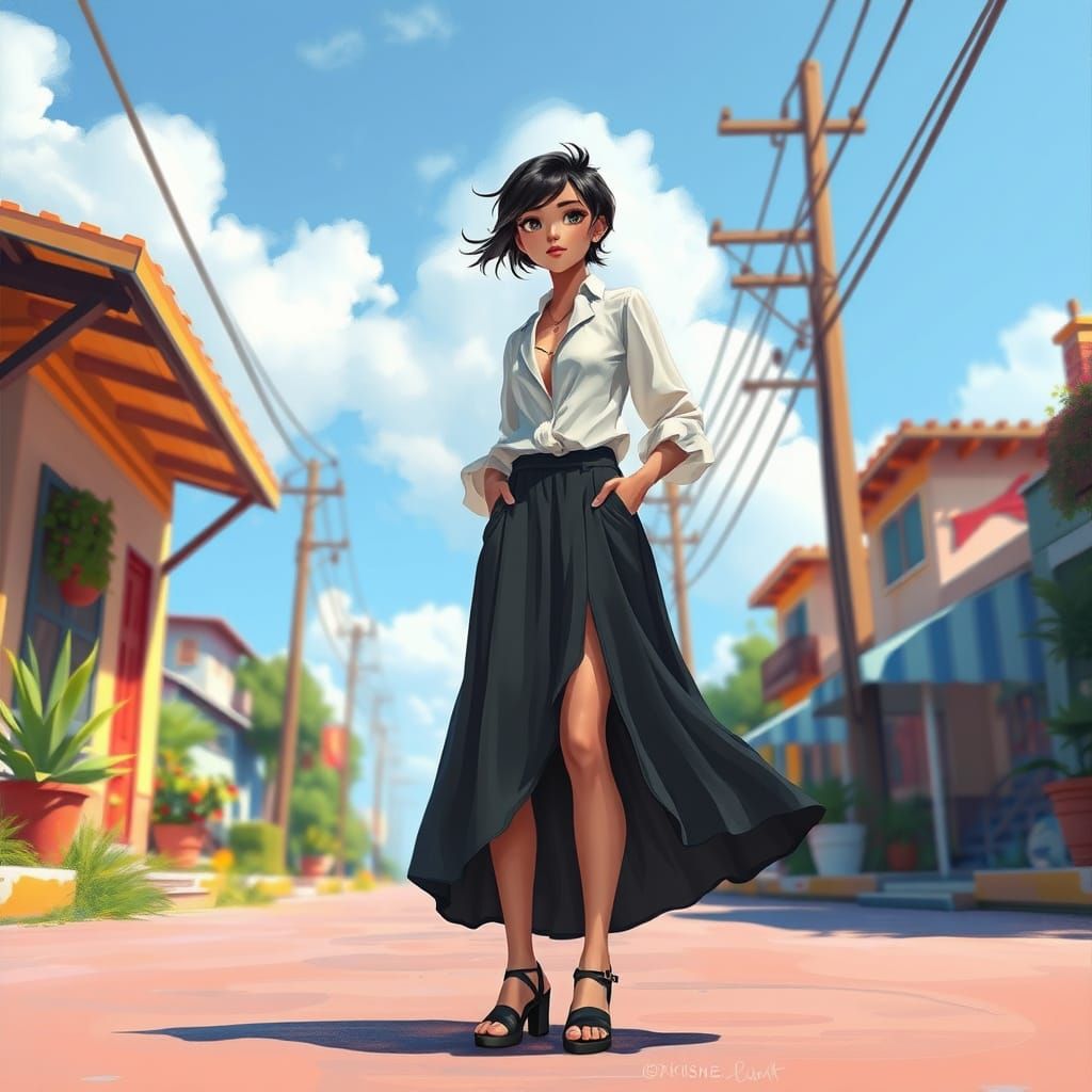 Girl in Stylish Skirt on Vibrant Street, Digital Art