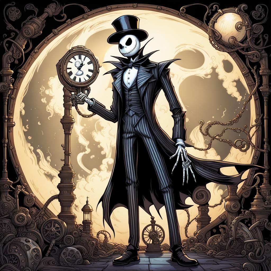 Steampunk Jack Skellington Portrait Against Moon