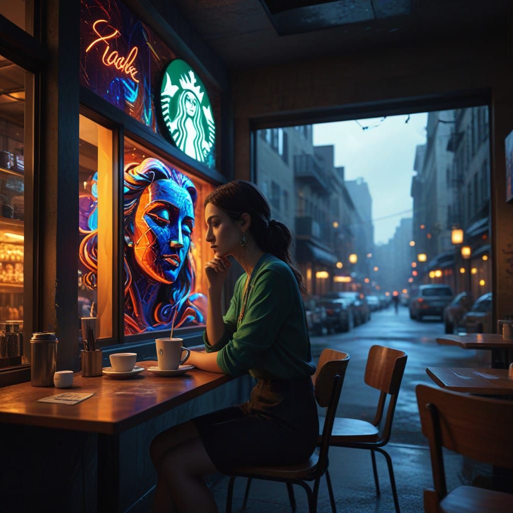 A Woman's Solitude Amidst Urban Vibrancy in the Style of Pic...