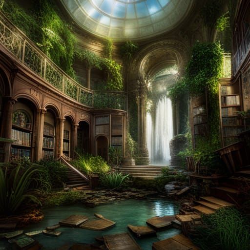 Abandoned library taken over by nature