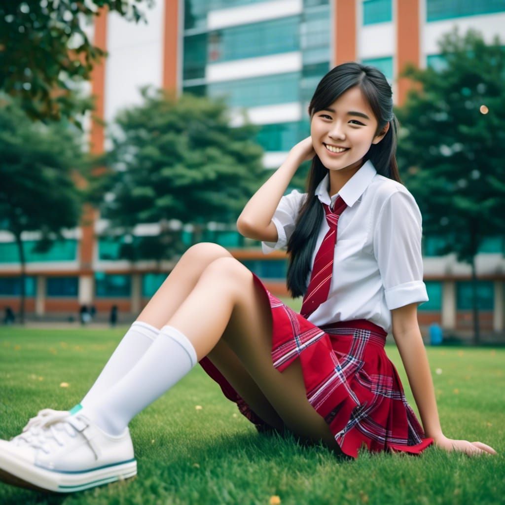 Realistic Photo of Smiling Asian Schoolgirl on Grass