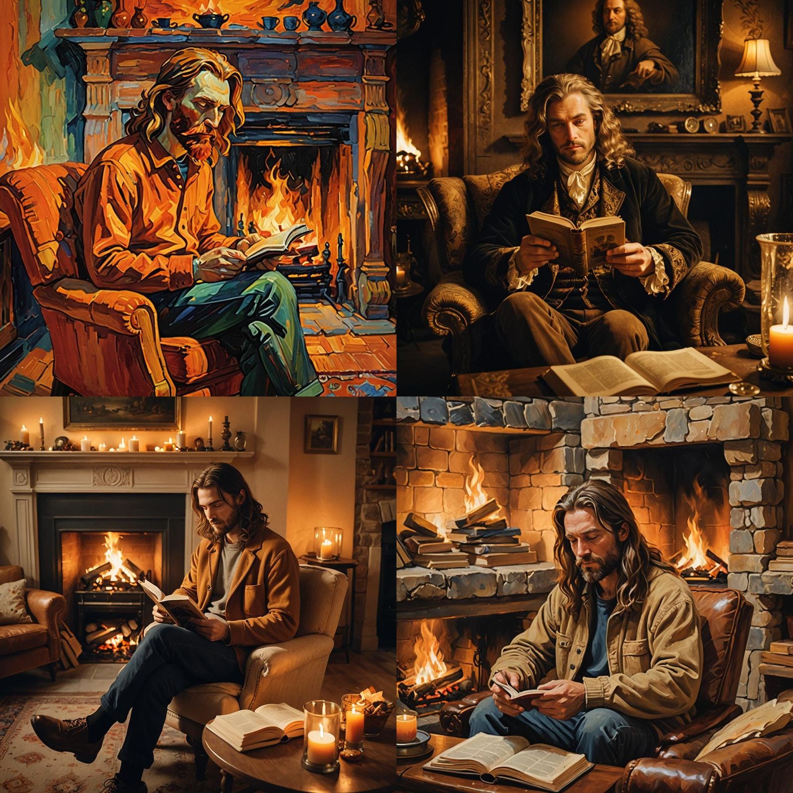 Man Reading by Fireplace in Armchair