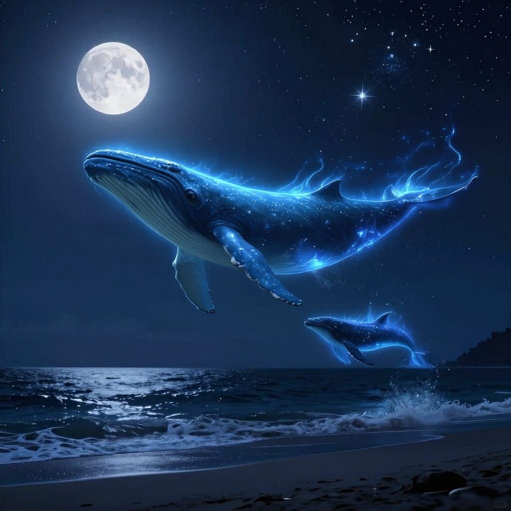 Luminous Whales Soar Through Starry Night Sky