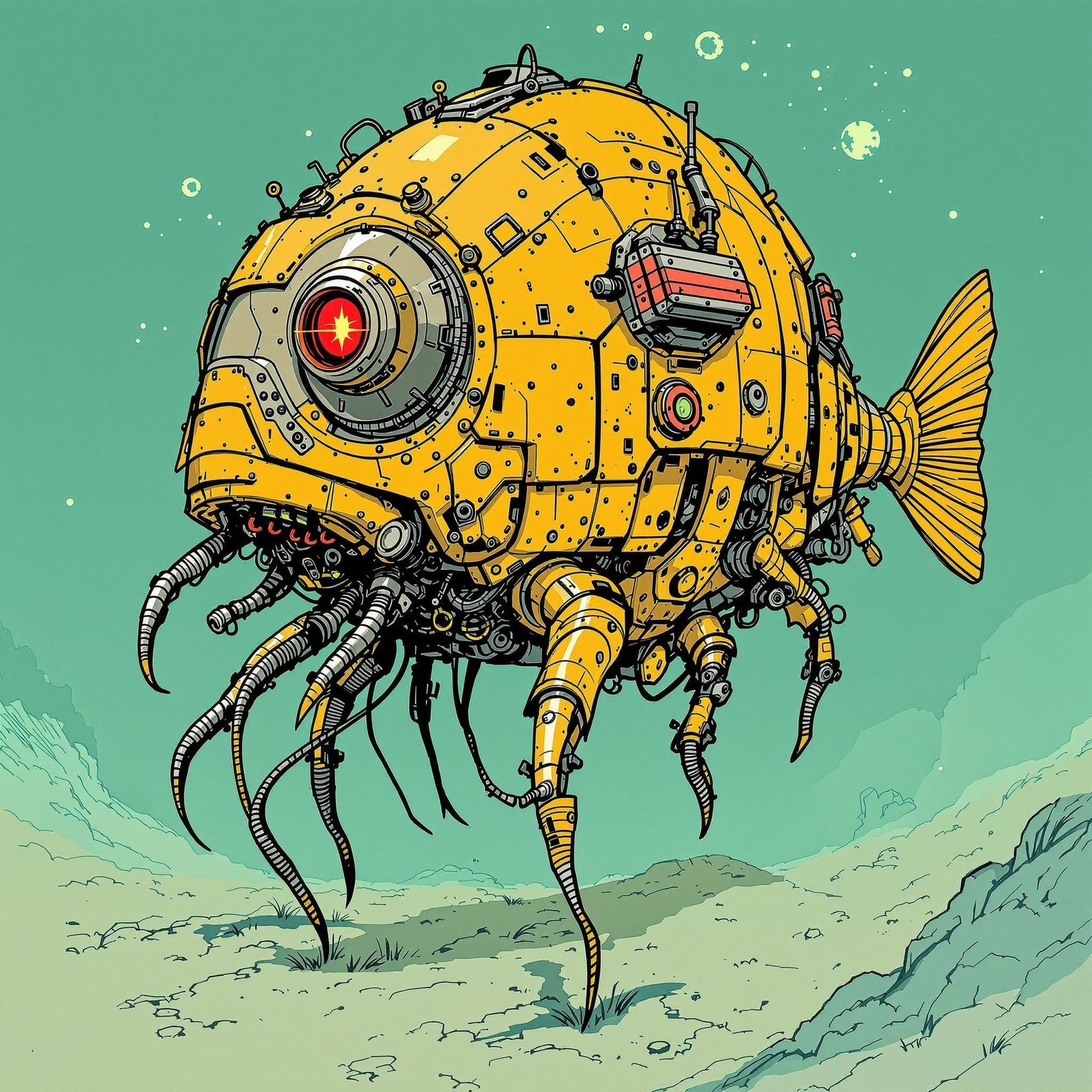 Mechanical Pufferfish Robot in Industrial Comic Style
