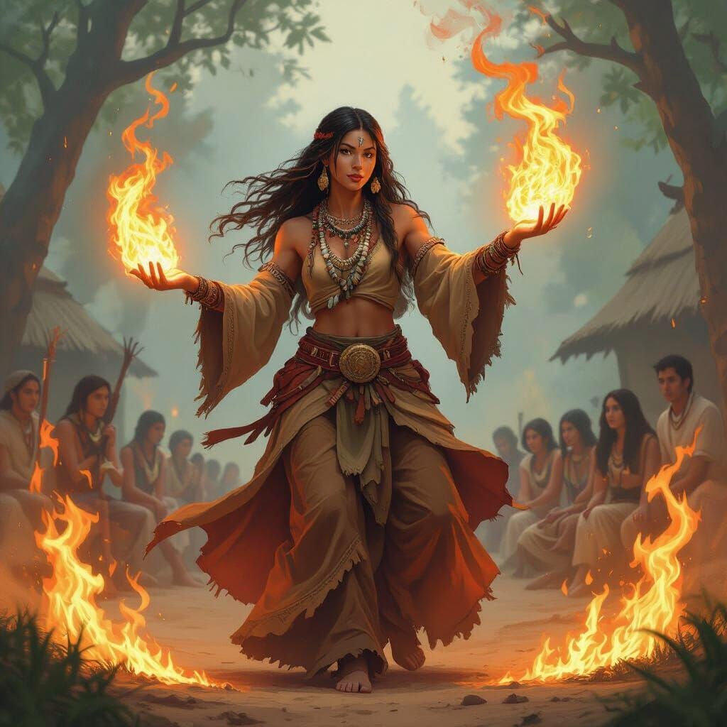Tribal Fire Dancer in Magic Card Art Style