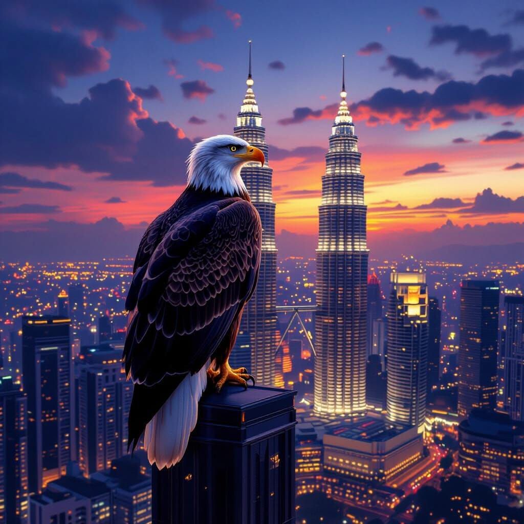 Eagle Over Petronas Towers at Dusk, Hyperrealistic Concept A...