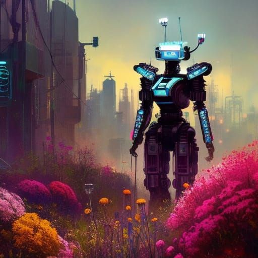 Wildflower Robot in Rococo Cyberpunk Style