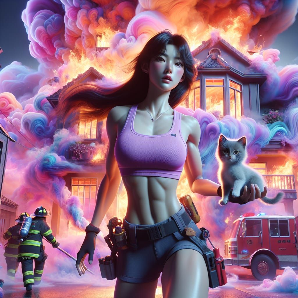 Fire-Woman Rescuing Kitten in Burning Building