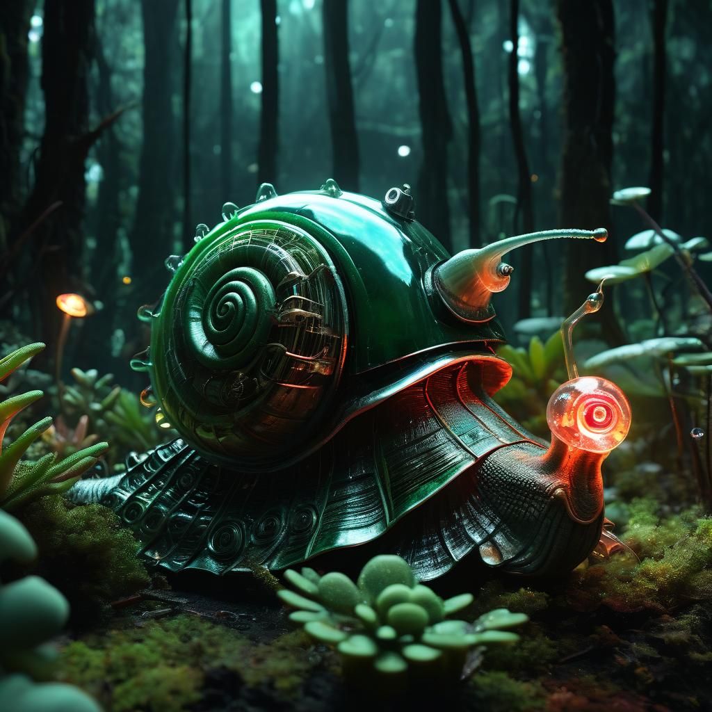 Biomechanical Snail in Surreal Sci-Fi Forest
