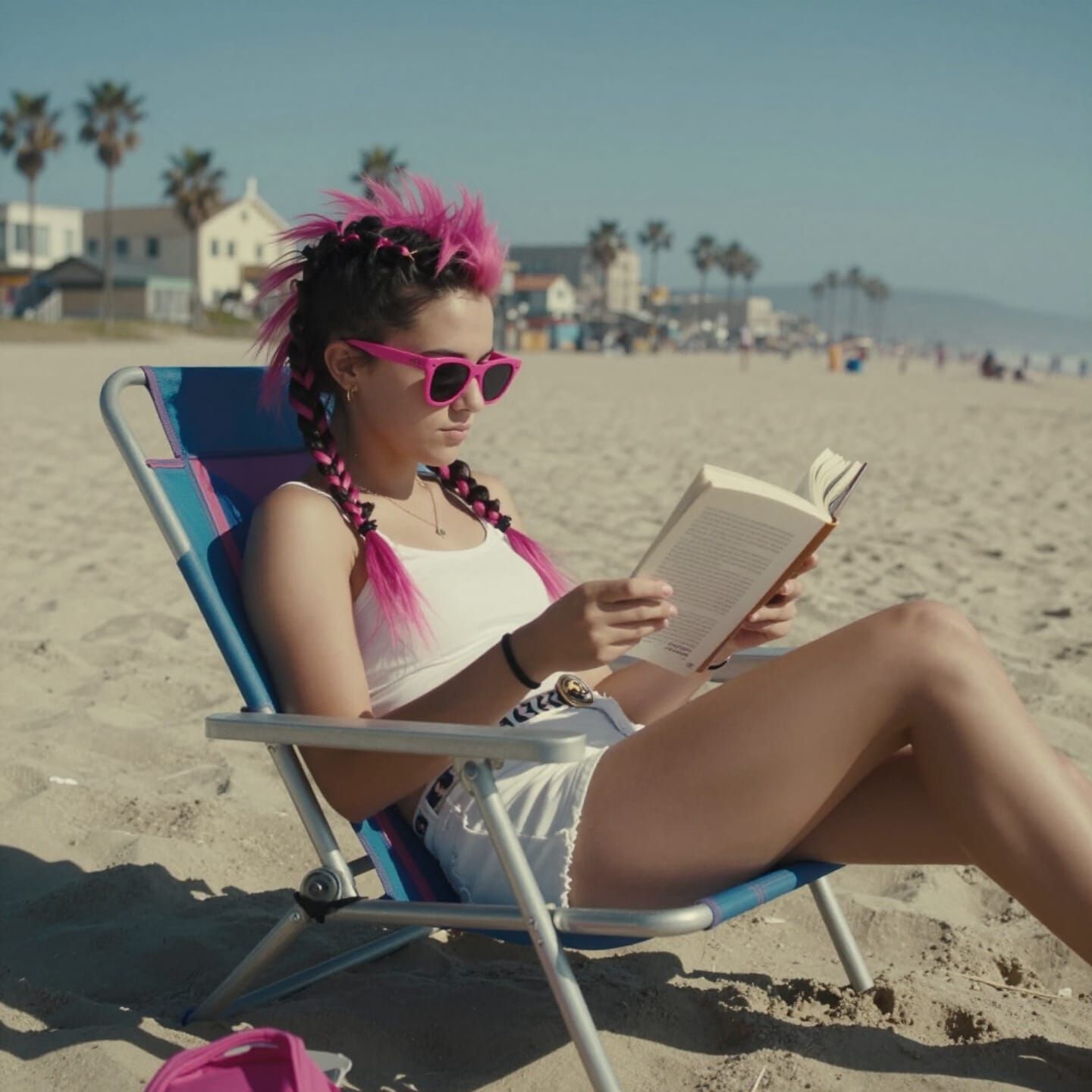 Punk Girl Reading on Venice Beach in Cinematic Style