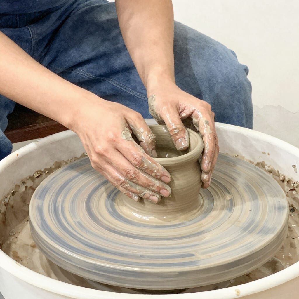 Hands Shaping Clay Pot in Watercolor Style