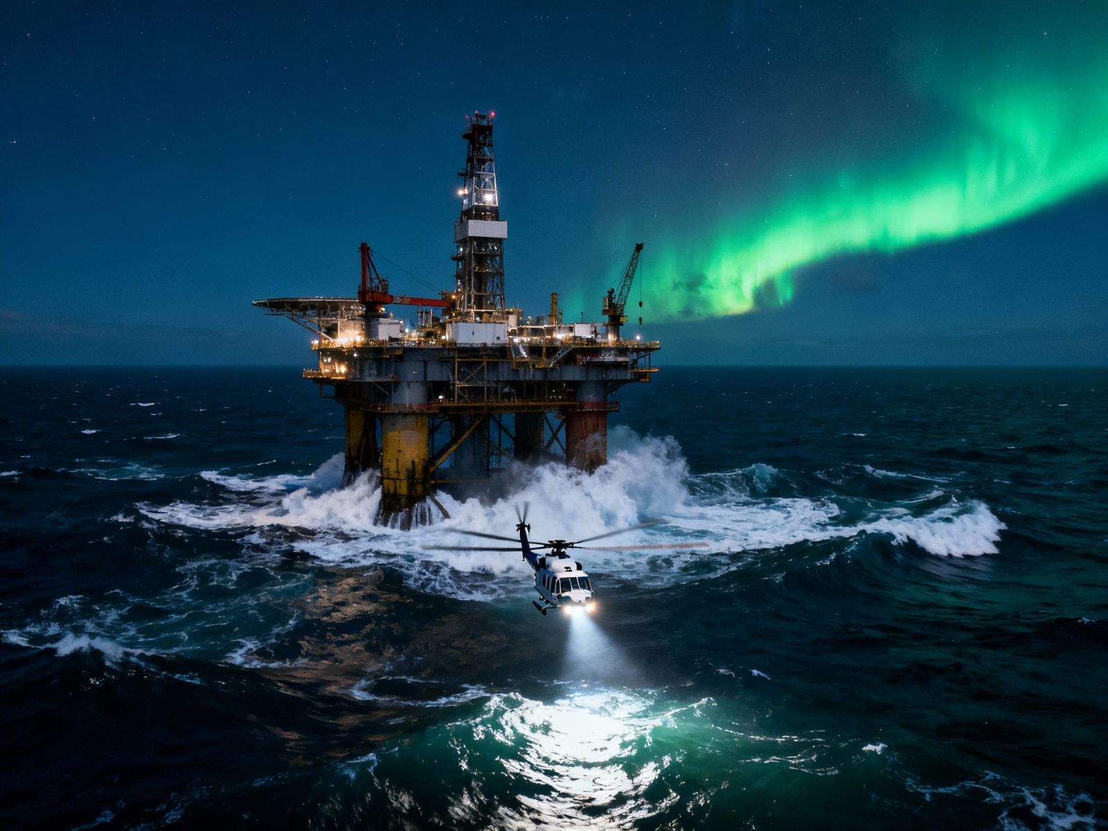 North Sea Oil Rig Under Aurora Borealis at Night
