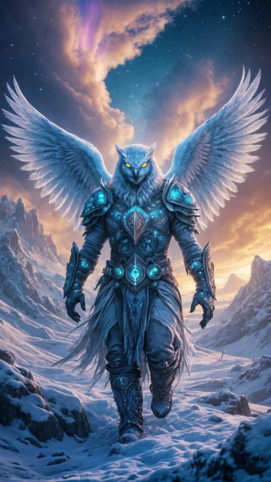 Ethereal Viking Snow Owl in Noctilucent Landscape