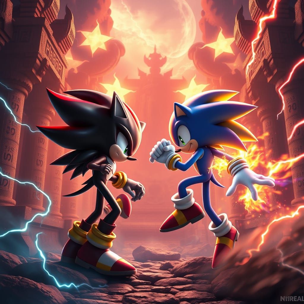 Epic Clash of Super Shadow and Super Sonic in a Vibrant Anci...