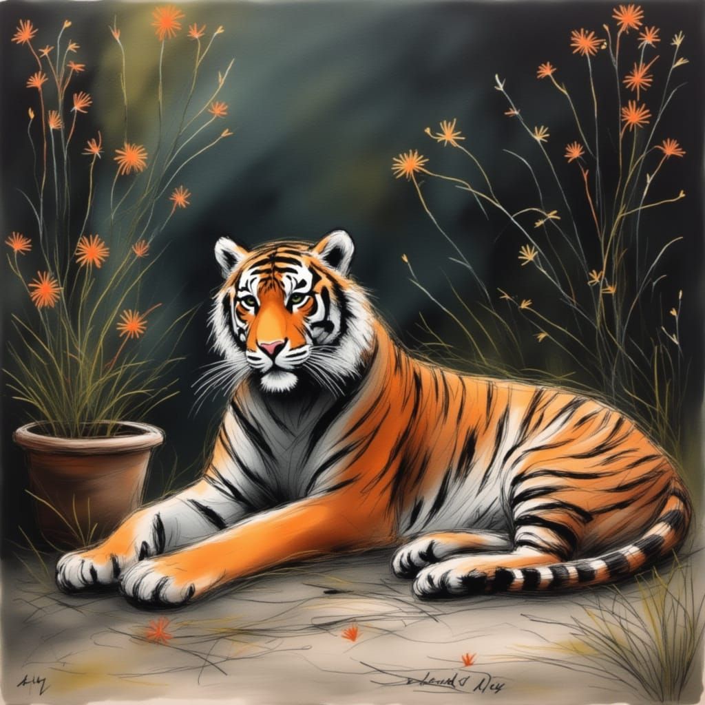 Tiger Lounging on a Sunny Patio