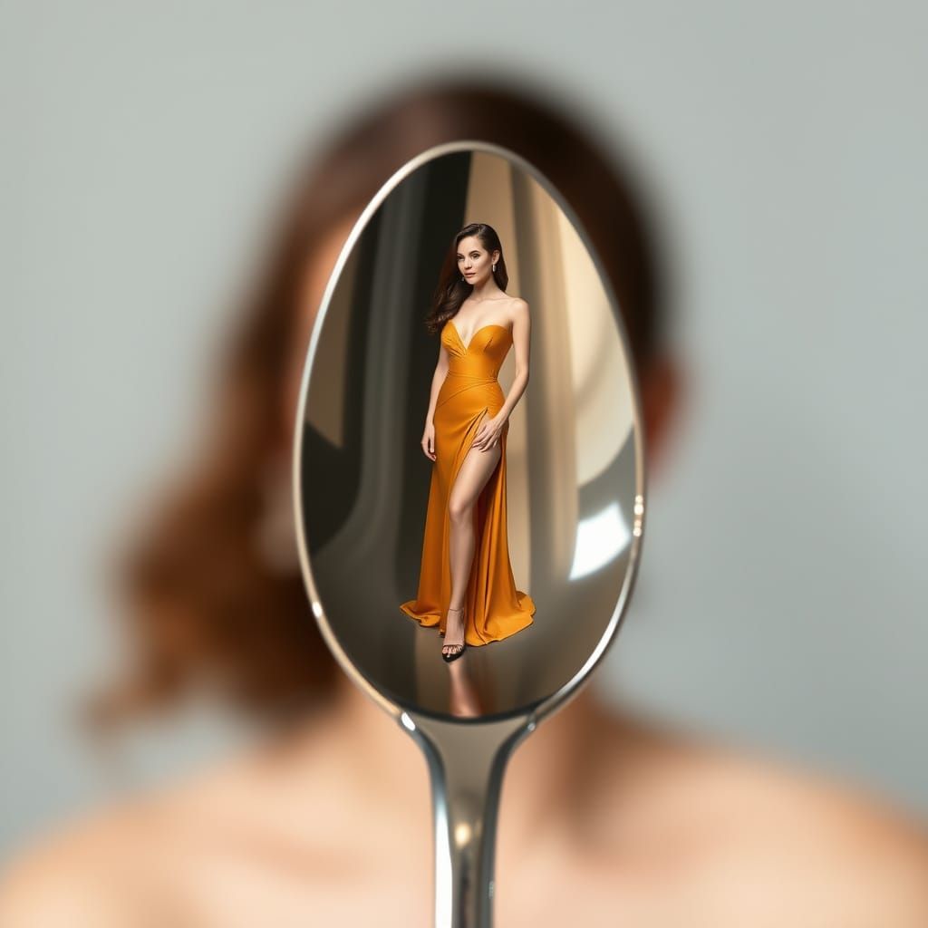Elegant Woman Reflected in Silver Spoon, Cinematic Luxury Ed...