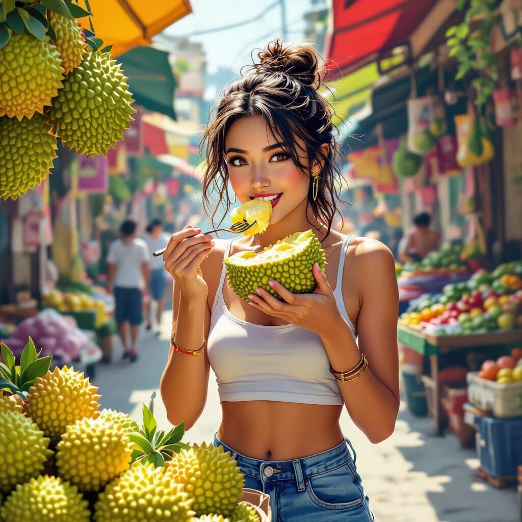 Woman Enjoys Jackfruit in Vibrant Market Scene