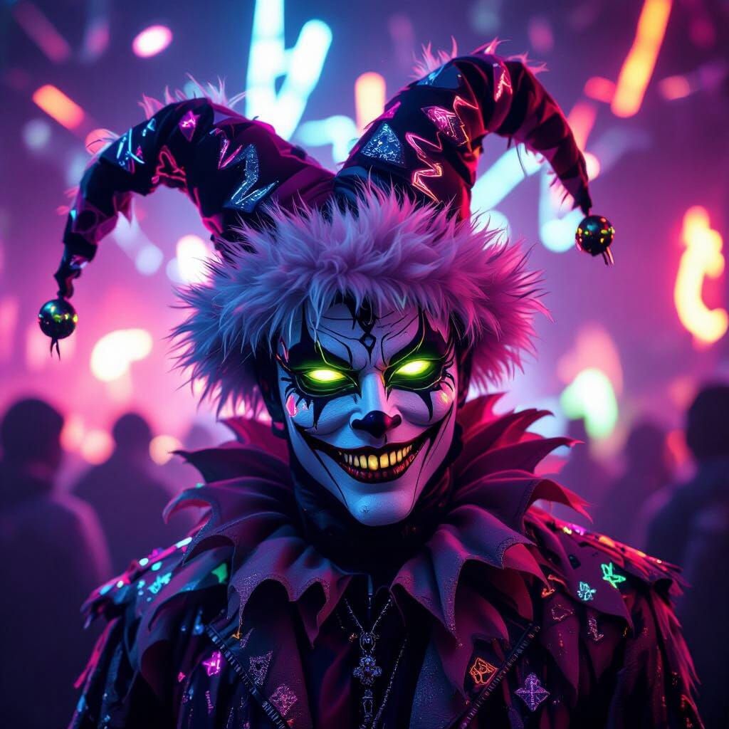 Vampire Jester at a Neon Rave in Surreal Style