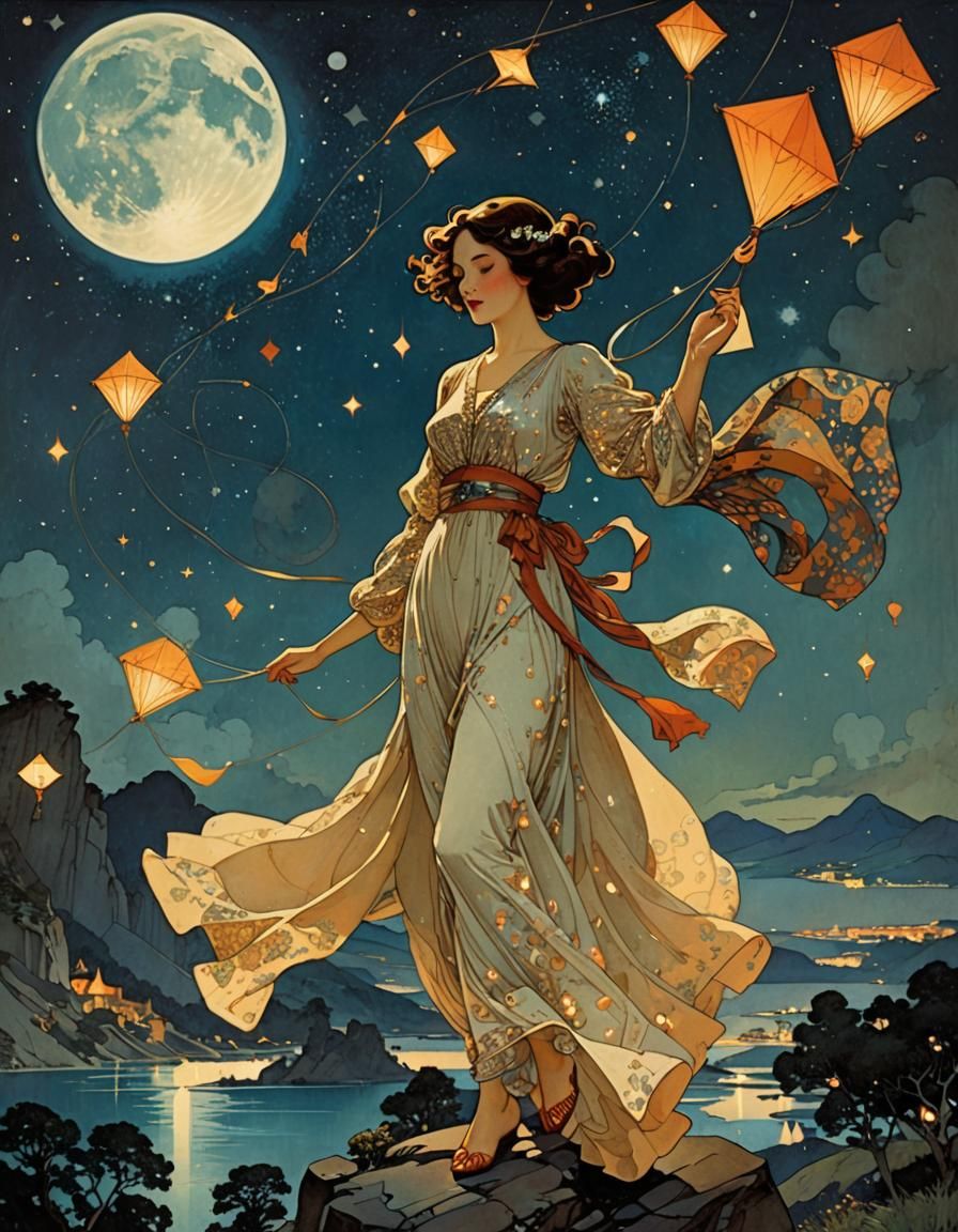 Dreamlike Kite Flyer Under Starry Night