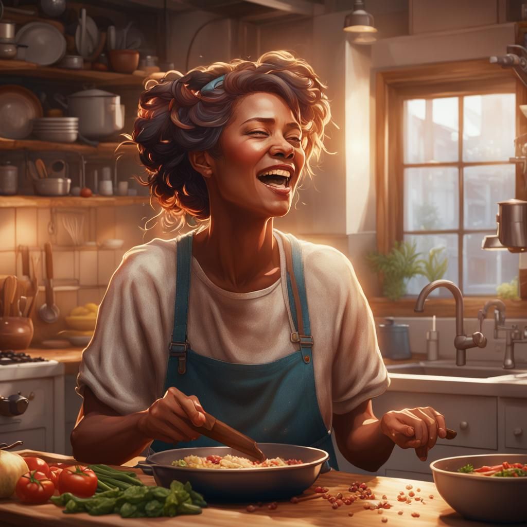 Woman Singing in Kitchen: Hyperdetailed Portrait