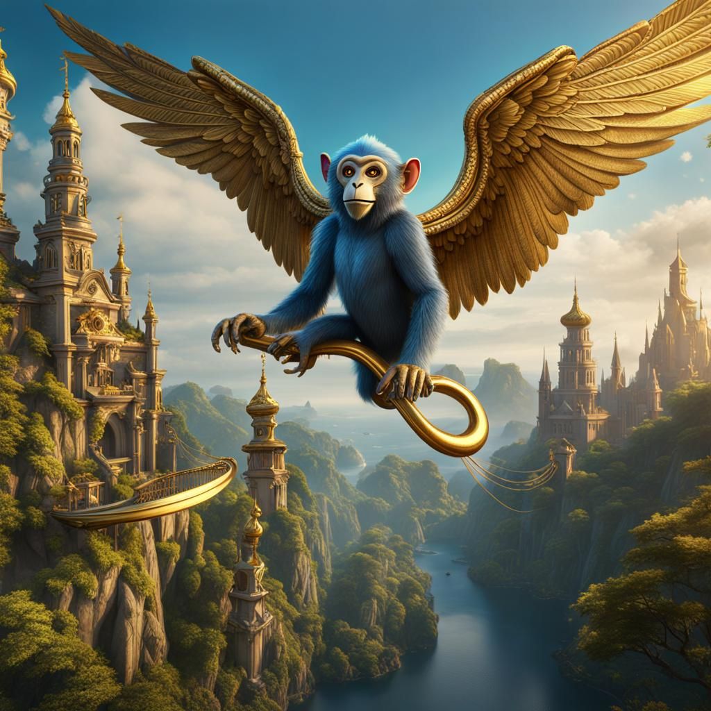 Golden-Winged Monkey Playing Harp, Detailed Matte Painting