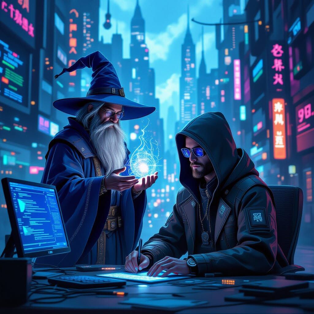 Wizard and Programmer in Cyberpunk Cityscape